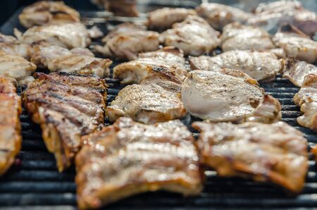 Closeup Of Fried Pork Stakes On Barbecueの写真素材