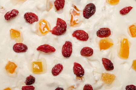 Fruit Cake Topping With Whip Cream And Dried Fruits  Oranges And Cherries の写真素材