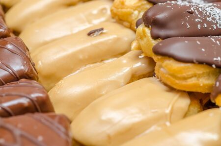 Eclair Cookies With Whip Cream Filling And Chocolateの写真素材