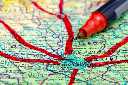 Marking The Vacation Trips On Map With Red Markerの写真素材