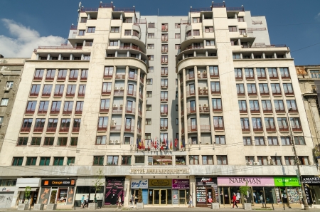 BUCHAREST, ROMANIA - MAY 05: Ambasador Hotel facade on May 05, 2013 in Bucharest, Romania. It is a 3 star modern hotel located downtown Bucharest on Magheru Boulevard and has 99 rooms.のeditorial素材