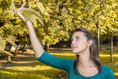 Girl Looking At Autumn Leavesの写真素材