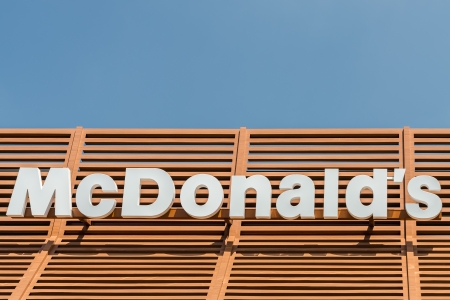 BUCHAREST, ROMANIA - JUNE 16: McDonalds Sign on June 16, 2013 in Bucharest, Romania. McDonalds Corporation is the world largest chain of fast food restaurants.のeditorial素材