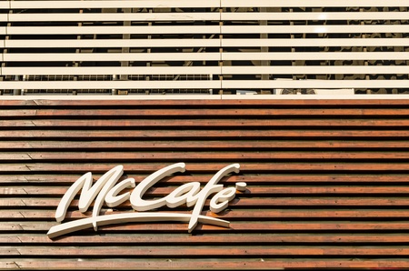 BUCHAREST, ROMANIA - JUNE 25: McDonalds McCafe Sign on June 25, 2013 in Bucharest, Romania. McCafe is a coffee-house-style food and drink chain, owned by McDonalds launched in Melbourne in 1993.のeditorial素材