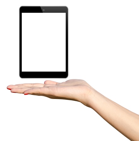 Young Girl Hand Holding Black Tablet Pcの写真素材