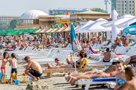 MAMAIA, ROMANIA - AUGUST 08  People have fun at the Black Sea on August 08, 2013 in Mamaia, Romania  Mamaia is considered to be the most popular romanian resort with 4 and 5 stars hotels のeditorial素材