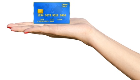 Isolated Girl Hand Holding Blue Credit Cardの写真素材