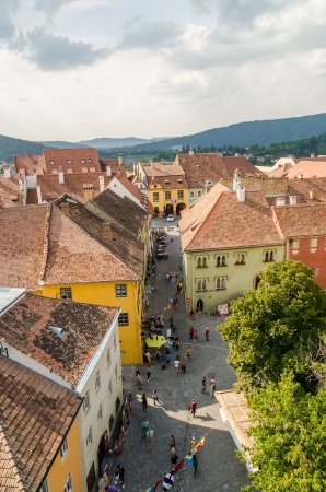 SIGHISOARA, ROMANIA - AUGUST 23  Sighisoara Medieval Fortress Aerial View on August 23, 2013 in Sighisoara, Romania  Founded in 1191, today is the most well preserved inhabited citadel in Europe のeditorial素材