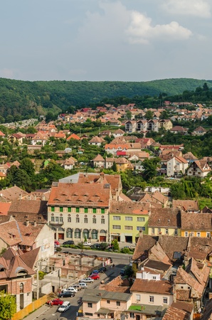 SIGHISOARA, ROMANIA - AUGUST 23  Sighisoara Medieval Fortress Aerial View on August 23, 2013 in Sighisoara, Romania  Founded in 1191, today is the most well preserved inhabited citadel in Europe のeditorial素材