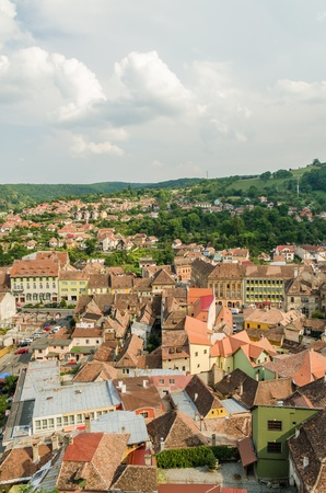 SIGHISOARA, ROMANIA - AUGUST 23  Sighisoara Medieval Fortress Aerial View on August 23, 2013 in Sighisoara, Romania  Founded in 1191, today is the most well preserved inhabited citadel in Europe のeditorial素材