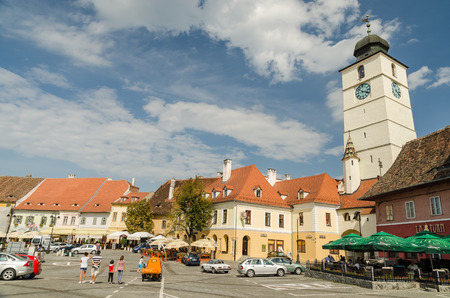SIBIU, ROMANIA - AUGUST 27  The Small Square on August 27, 2013 in Sibiu, Romania  The buildings in the Small Square date since the 14th century and used to house crafts workshops and town guilds のeditorial素材