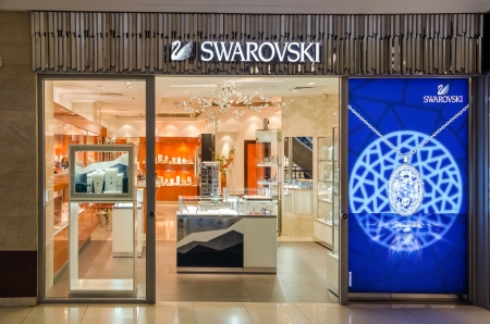 BUCHAREST, ROMANIA - OCTOBER 09  Swarovski store on October 09, 2013 in Bucharest, Romania  The Swarovski Crystal range includes home decoration objects, jewelry and couture, and chandeliers のeditorial素材