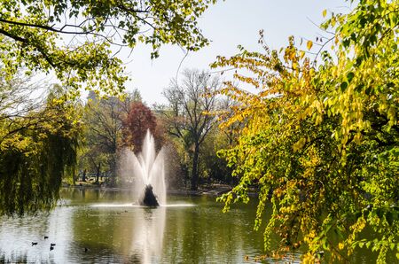 Lake Water Fountain In Public Parkの写真素材