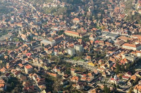 Aerial View Of Brasov City In The Carpathian Mountains Of Romaniaの写真素材