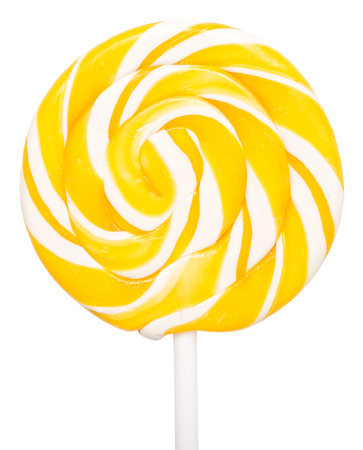 Sweet Yellow Spiral Lollipop On White Backgroundの写真素材
