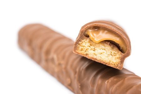 Chocolate Bars With Caramel Fill On White Backgroundの写真素材