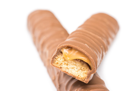 Chocolate Bars With Caramel Fill On White Backgroundの写真素材