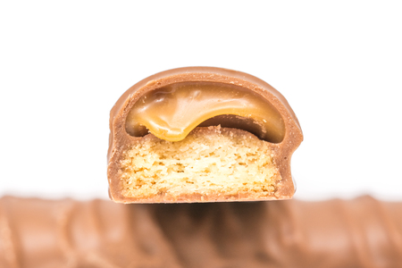 Chocolate Bars With Caramel Fill On White Backgroundの写真素材