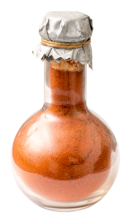 Kashmiri Chili Powder Bottle Isolated On Whiteの写真素材