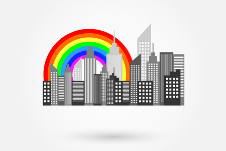 Modern City Skyscrapers Skyline With Rainbowのイラスト素材