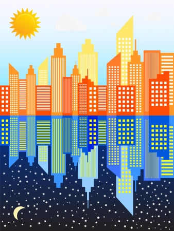 Modern City Skyscrapers Skyline Day And Nightのイラスト素材
