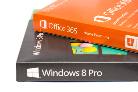 BUCHAREST, ROMANIA - JANUARY 26, 2014  Microsoft Software Retail Boxes On White Background  Microsoft Corporation is an American multinational corporation that develops computer software のeditorial素材