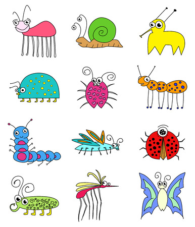 Collection Of Funny Colored Insects Bugs Isolated On White Backgroundの写真素材