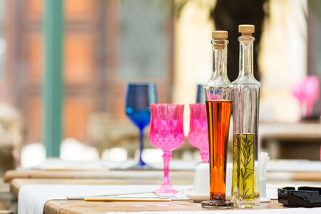Oil And Vinegar Bottles On Restaurant Tableのeditorial素材