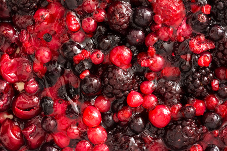 Jelly Topping Close Up With Blueberries, Blackberries And Red Cherriesの写真素材