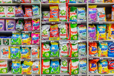 BUCHAREST, ROMANIA - APRIL 28  Detergents For Clothes Cleaning On Supermarket Shelf on April 28, 2014 in Bucharest, Romania のeditorial素材