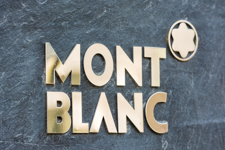 BUCHAREST, ROMANIA - JULY 06, 2014  Mont Blanc Sign  Founded in 1906 it is a German manufacturer of writing instruments, watches, jewellery and leather goods often identified by their  White Star  のeditorial素材
