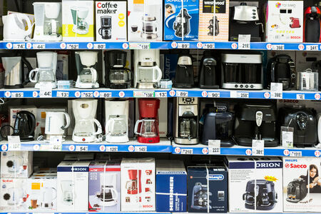 BUCHAREST, ROMANIA - JULY 09, 2014  Coffee Espresso Machines On Home Appliance Store Stand のeditorial素材