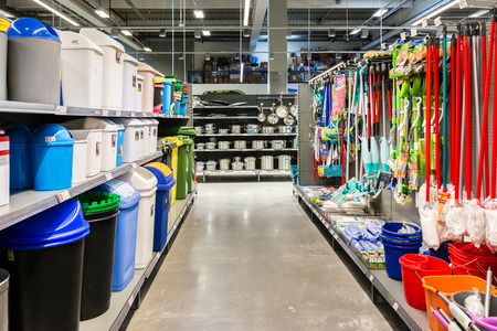 BUCHAREST, ROMANIA - JULY 09, 2014  Cleaning Tools In Supermarket Aisle のeditorial素材