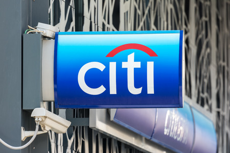 BUCHAREST, ROMANIA - JULY 11, 2014  Citibank Building Sign On Victory Street  Citibank was founded in 1812 as the City Bank of New York and is a bank with 3,777 branch locations in 36 countries のeditorial素材