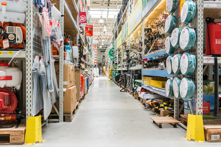 BUCHAREST, ROMANIA - JULY 24, 2014  Tools And Utensils Hypermarket Aisle のeditorial素材