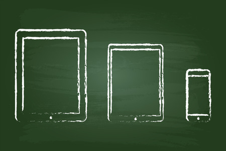 Modern Tablet And Smart Phone Drawing On Green Chalkboardのイラスト素材