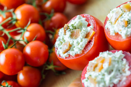Healthy Red Tomatoes With Cheese Appetizer Close Upの写真素材