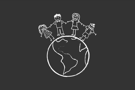 Happy Family With Children Around The World Drawing On Blackboardのイラスト素材