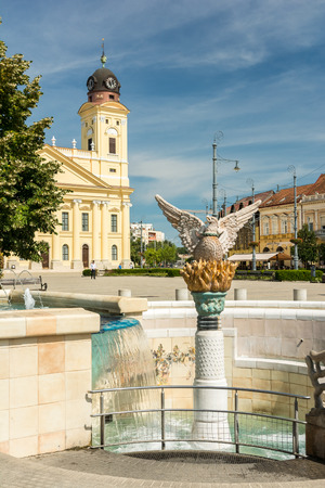 DEBRECEN, HUNGARY - AUGUST 23, 2014: Millennium fountain has the phoenix, representing the rebirth of the city and the picture called Honfoglalas (Conquest), showing the arrival of the Hungarians.のeditorial素材