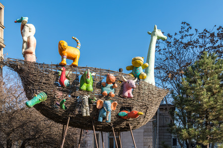BUCHAREST, ROMANIA - DECEMBER 12, 2014: Noahs Ark Vessel Statue In Downtown Bucharest.のeditorial素材
