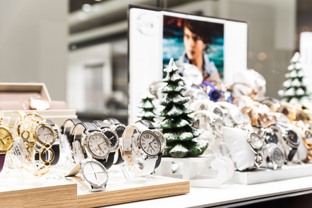 BUCHAREST, ROMANIA - DECEMBER 24, 2014: Expensive Watches For Sale In Luxury Shop Window Display.のeditorial素材