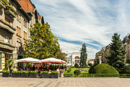 TIMISOARA, ROMANIA - AUGUST 25, 2014: Downtown View Of The Historical Center Of Timisoara City. Timisoara is the main social, economic and cultural center in the western part of Romania.のeditorial素材