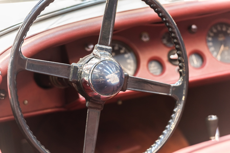 BUCHAREST, ROMANIA - OCTOBER 31, 2014: 1952 Jaguar XK 120 Interior View. Founded in 1922 it is a British multinational luxury car manufacturer headquartered in Coventry, England.のeditorial素材