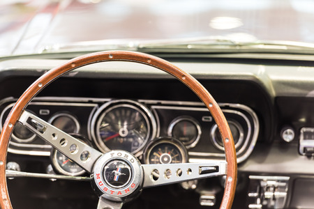 BUCHAREST, ROMANIA - OCTOBER 31, 2014: 1966 Ford Mustang Interior. The Ford Mustang is an automobile manufactured by the Ford Motor Company and was introduced on April 17, 1964.のeditorial素材