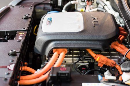BUCHAREST, ROMANIA - OCTOBER 31, 2014: Kia Soul EV Electric Car Engine. Soul EV is an all-electric all new compact car manufactured by Kia Motors for the first time in 2014.のeditorial素材