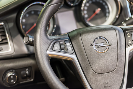 BUCHAREST, ROMANIA - OCTOBER 31, 2014: Opel Car Inside View. Adam Opel AG is a German automobile manufacturer headquartered in Germany and began manufacturing its first automobile in 1899.のeditorial素材