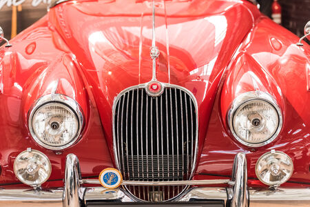 BUCHAREST, ROMANIA - OCTOBER 31, 2014: 1957 Jaguar XK150 Front View. The Jaguar XK150 is a sports car produced by Jaguar between 1957 and 1961.のeditorial素材