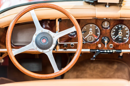 BUCHAREST, ROMANIA - OCTOBER 31, 2014: 1957 Jaguar XK150 Interior View. The Jaguar XK150 is a sports car produced by Jaguar between 1957 and 1961.のeditorial素材
