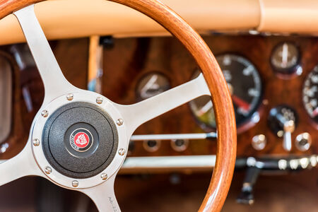BUCHAREST, ROMANIA - OCTOBER 31, 2014: 1957 Jaguar XK150 Interior View. The Jaguar XK150 is a sports car produced by Jaguar between 1957 and 1961.のeditorial素材