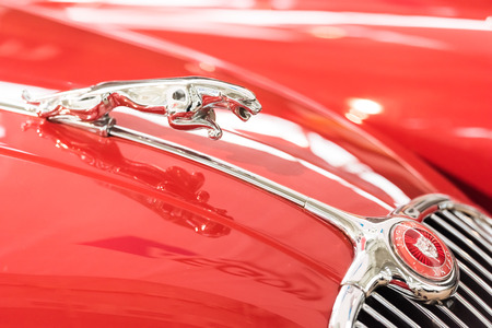 BUCHAREST, ROMANIA - OCTOBER 31, 2014: 1957 Jaguar XK150 Symbol. The Jaguar XK150 is a sports car produced by Jaguar between 1957 and 1961.のeditorial素材